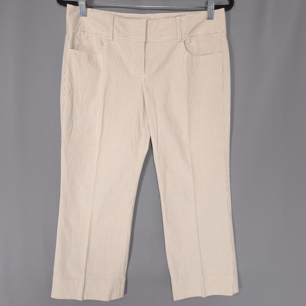THEORY Women's Pants Striped Crop 6 Beige White Stretch Cotton 50204252 USA MADE